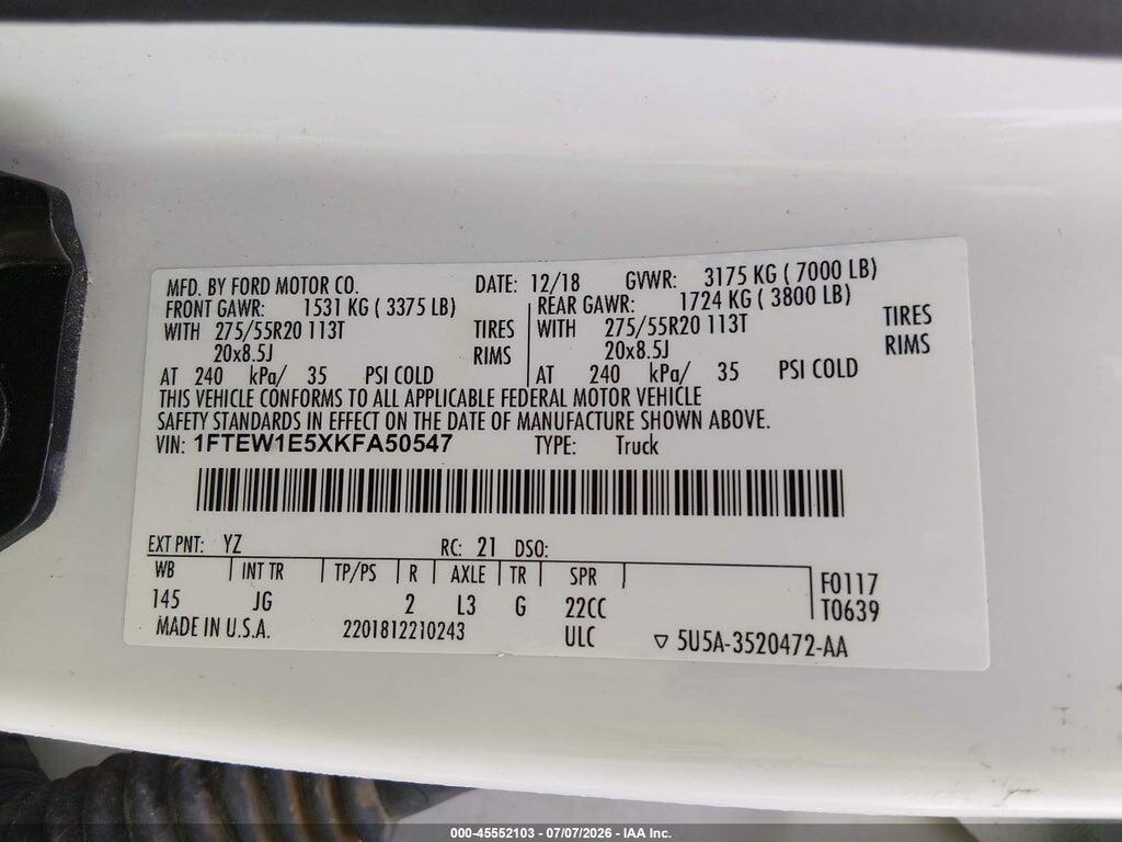 1FTEW1E5XKFA50547 2019 FORD F-150 photo no. 9