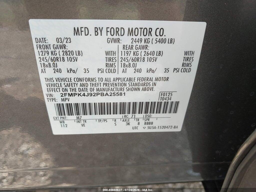 2FMPK4J92PBA25581 2023 FORD EDGE photo no. 9
