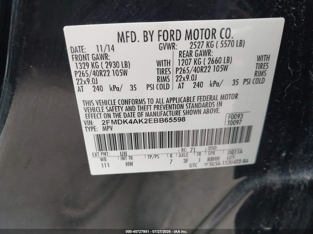 2FMDK4AK2EBB65598 2014 FORD EDGE photo no. 9