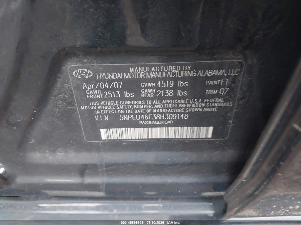 5NPEU46F38H309148 2008 HYUNDAI SONATA photo no. 9