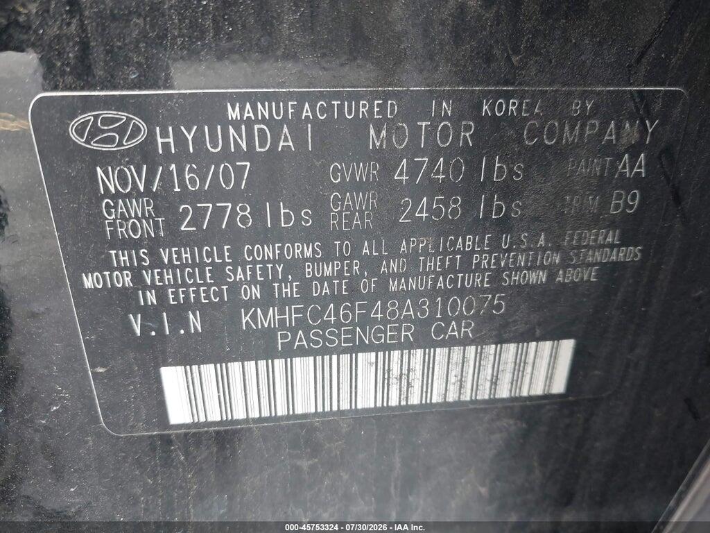 KMHFC46F48A310075 2008 HYUNDAI AZERA photo no. 9