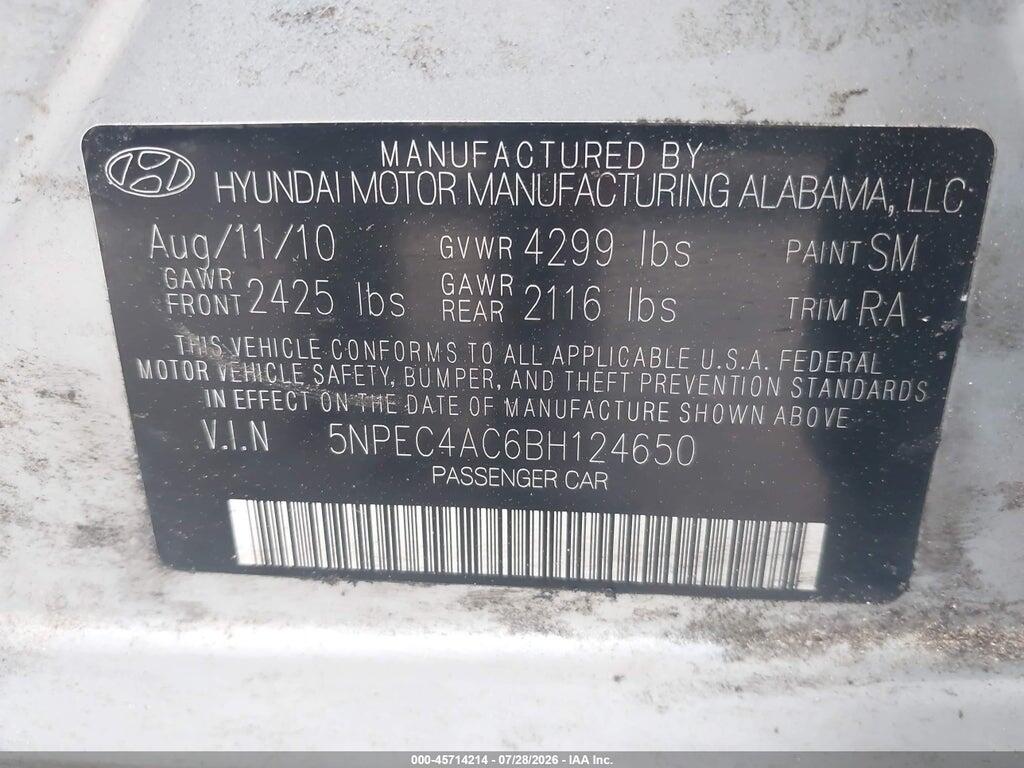 5NPEC4AC6BH124650 2011 HYUNDAI SONATA photo no. 9