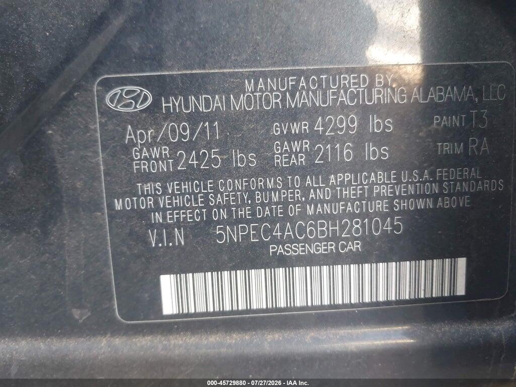 5NPEC4AC6BH281045 2011 HYUNDAI SONATA photo no. 9