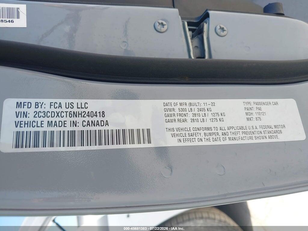 2C3CDXCT6NH240418 2022 DODGE CHARGER photo no. 9