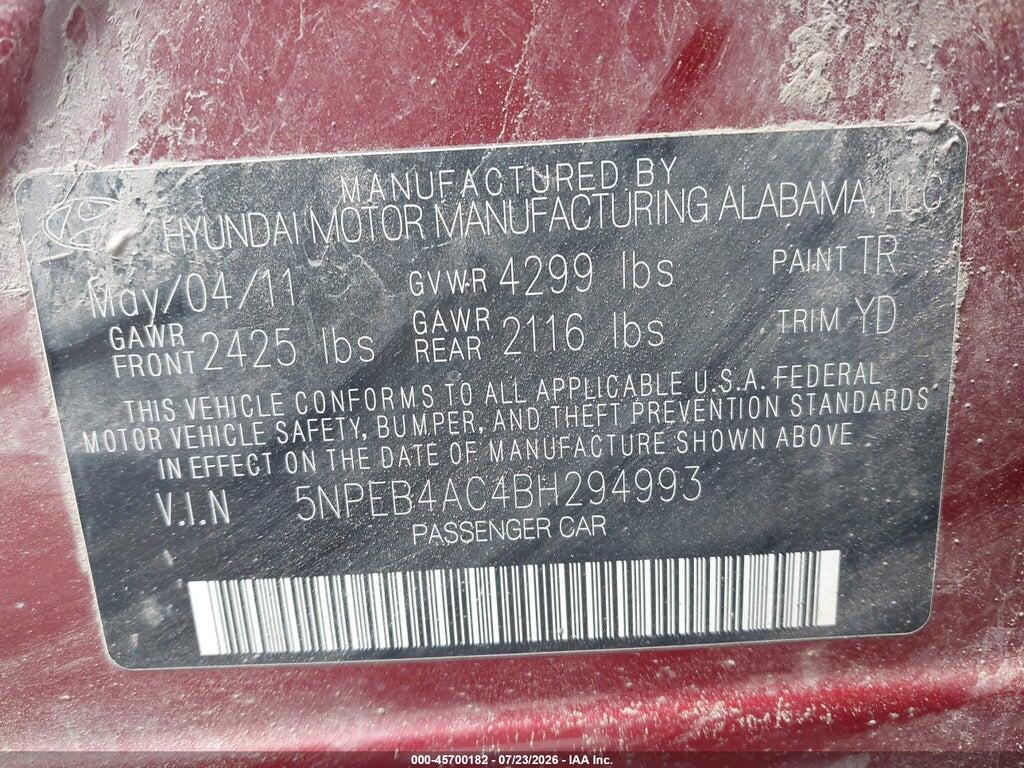 5NPEB4AC4BH294993 2011 HYUNDAI SONATA photo no. 9