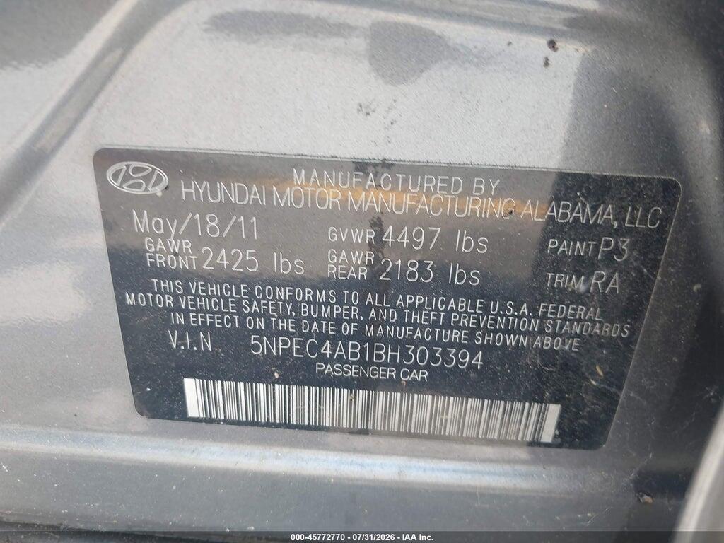 5NPEC4AB1BH303394 2011 HYUNDAI SONATA photo no. 9