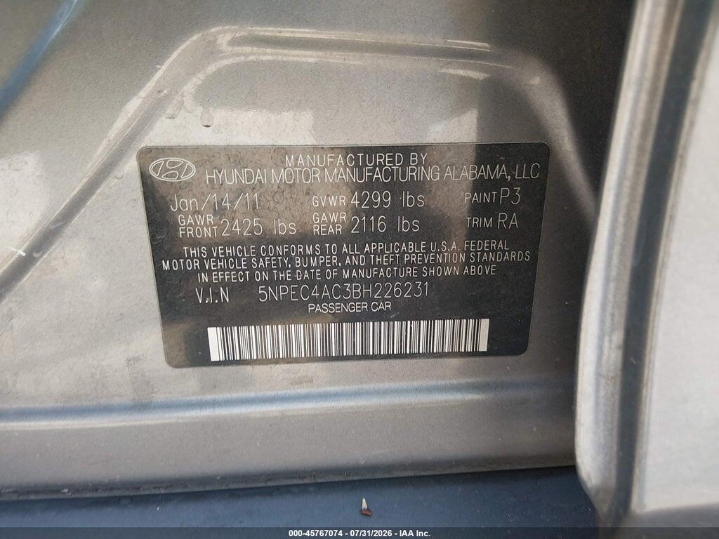 5NPEC4AC3BH226231 2011 HYUNDAI SONATA photo no. 9