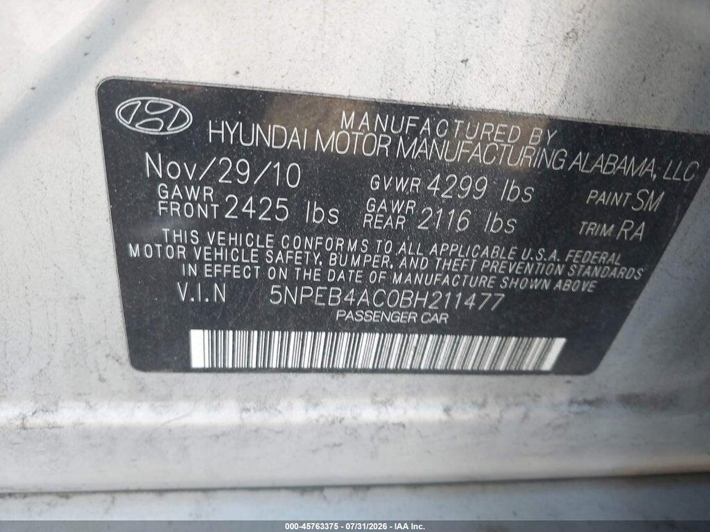 5NPEB4AC0BH211477 2011 HYUNDAI SONATA photo no. 9