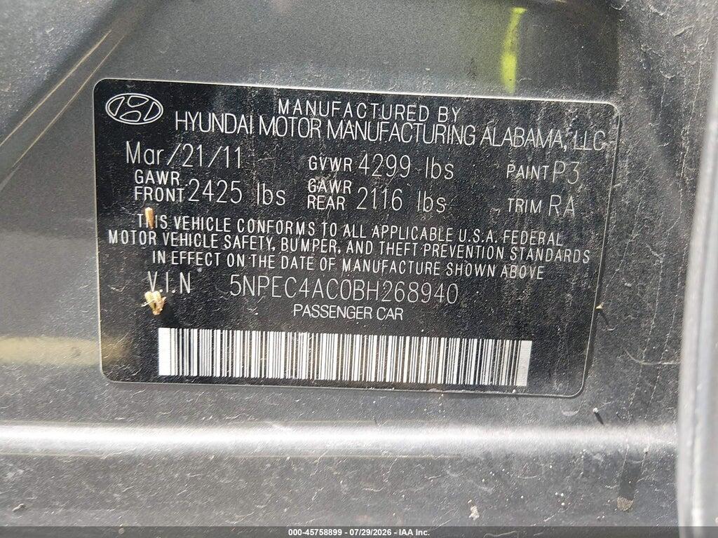 5NPEC4AC0BH268940 2011 HYUNDAI SONATA photo no. 9