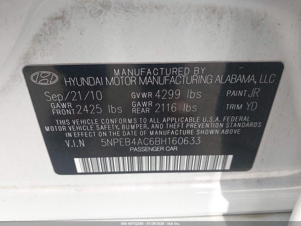 5NPEB4AC6BH160633 2011 HYUNDAI SONATA photo no. 9