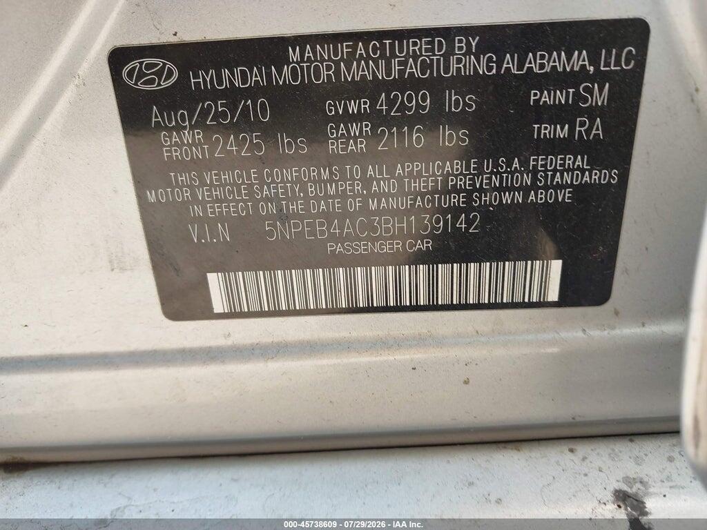 5NPEB4AC3BH139142 2011 HYUNDAI SONATA photo no. 9