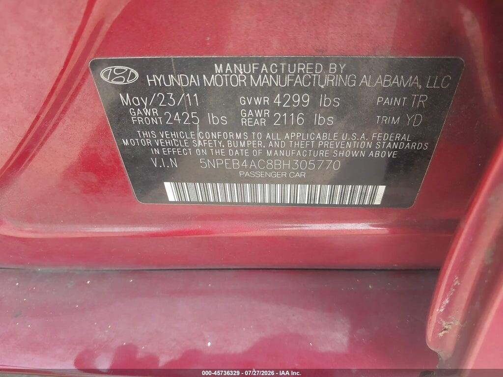 5NPEB4AC8BH305770 2011 HYUNDAI SONATA photo no. 9