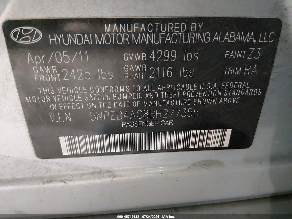 5NPEB4AC8BH277355 2011 HYUNDAI SONATA photo no. 9