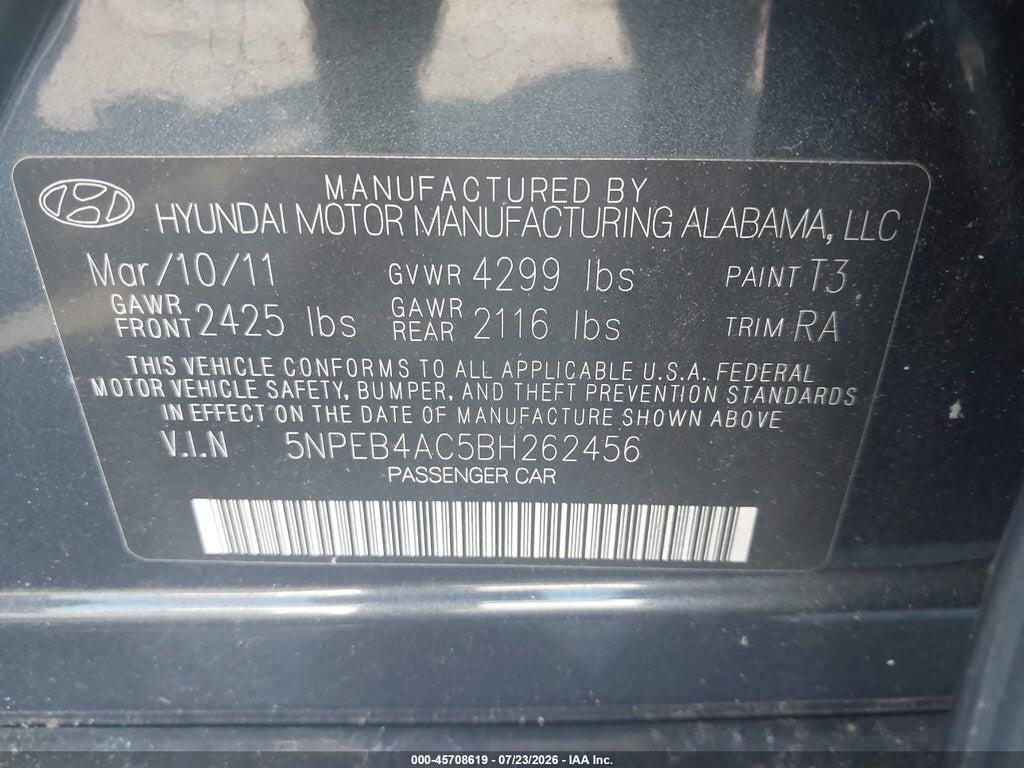 5NPEB4AC5BH262456 2011 HYUNDAI SONATA photo no. 9