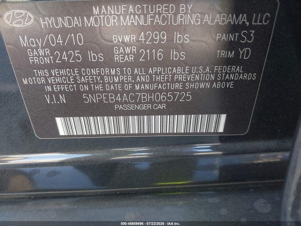5NPEB4AC7BH065725 2011 HYUNDAI SONATA photo no. 9