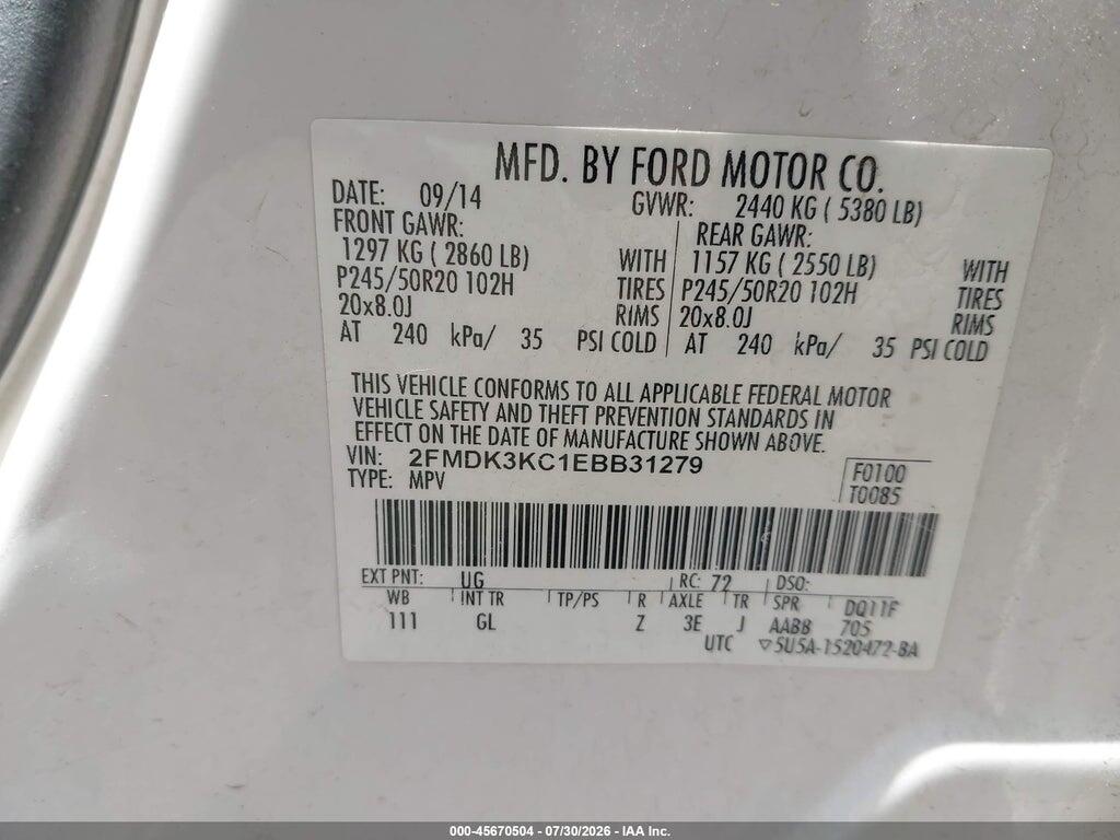 2FMDK3KC1EBB31279 2014 FORD EDGE photo no. 9