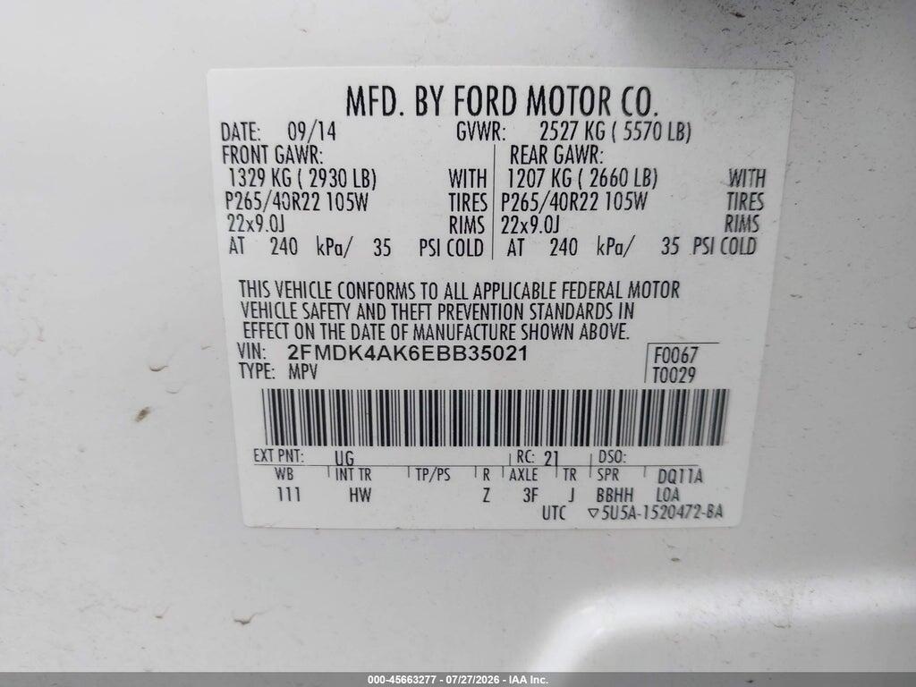 2FMDK4AK6EBB35021 2014 FORD EDGE photo no. 9