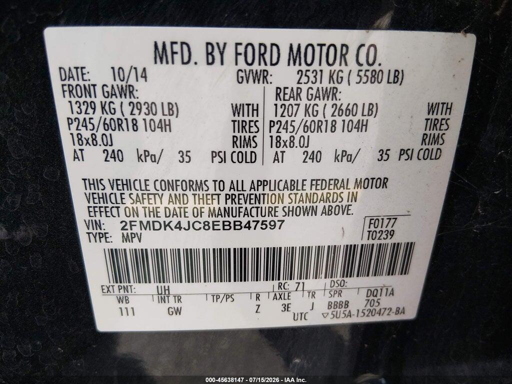 2FMDK4JC8EBB47597 2014 FORD EDGE photo no. 9