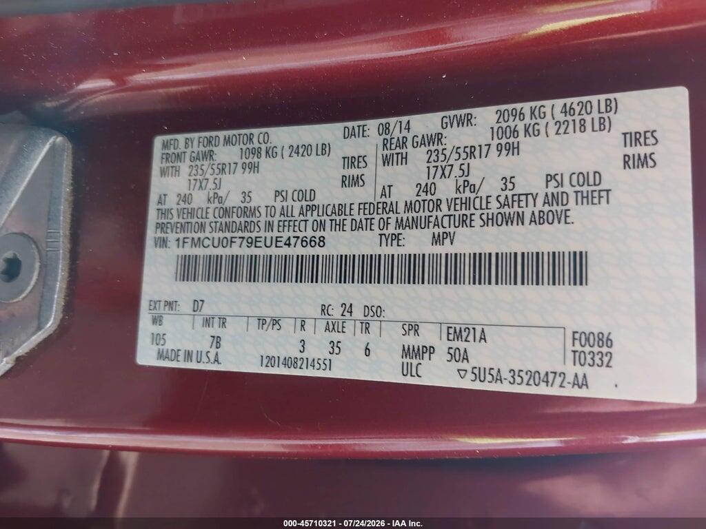 1FMCU0F79EUE47668 2014 FORD ESCAPE photo no. 9