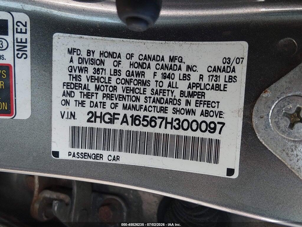 2HGFA16567H300097 2007 HONDA CIVIC photo no. 9