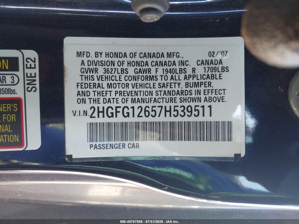 2HGFG12657H539511 2007 HONDA CIVIC photo no. 9