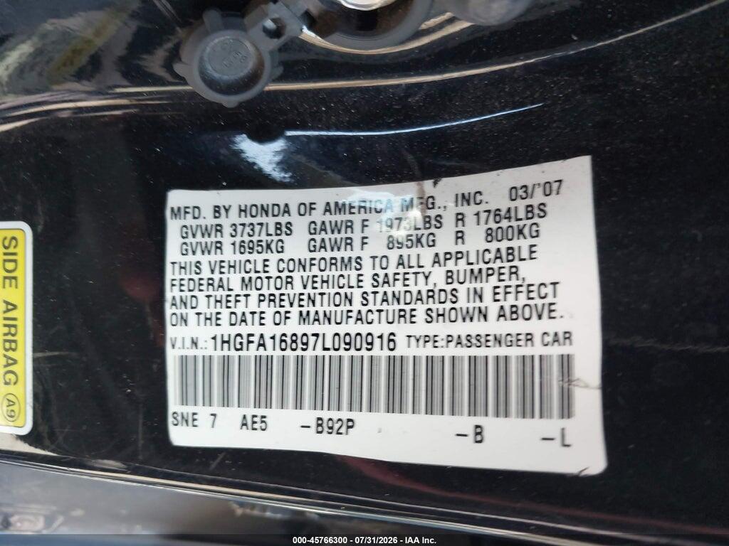 1HGFA16897L090916 2007 HONDA CIVIC photo no. 9