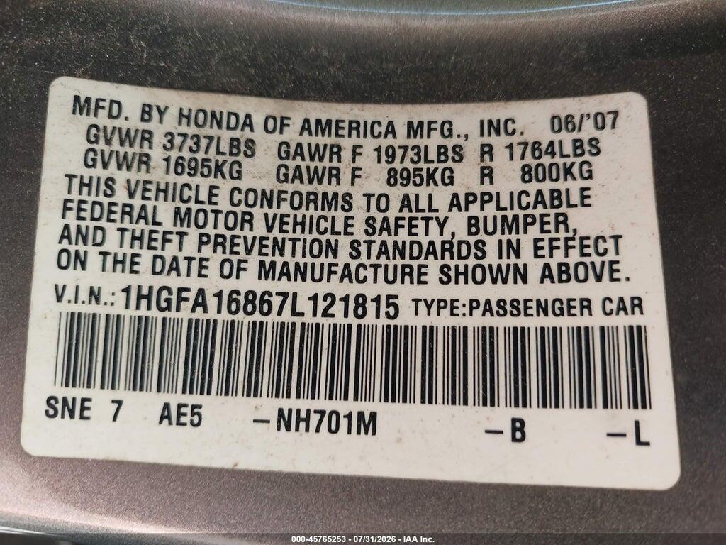 1HGFA16867L121815 2007 HONDA CIVIC photo no. 9