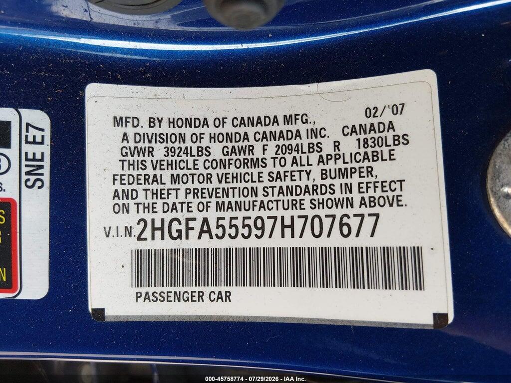 2HGFA55597H707677 2007 HONDA CIVIC photo no. 9