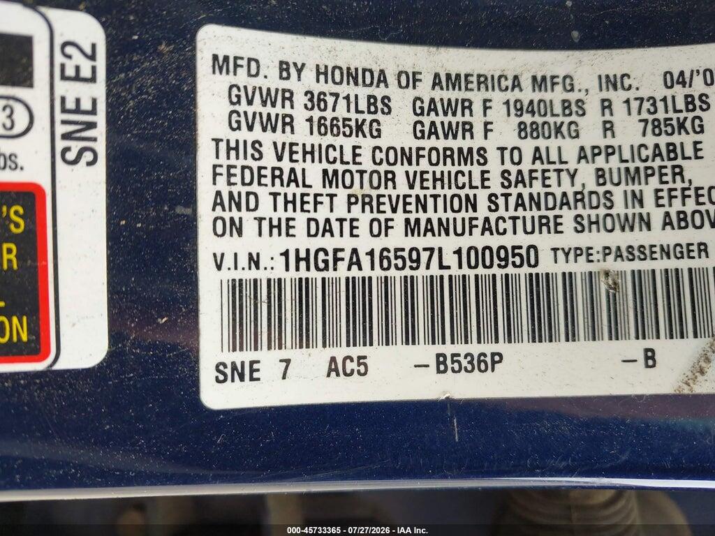 1HGFA16597L100950 2007 HONDA CIVIC photo no. 9