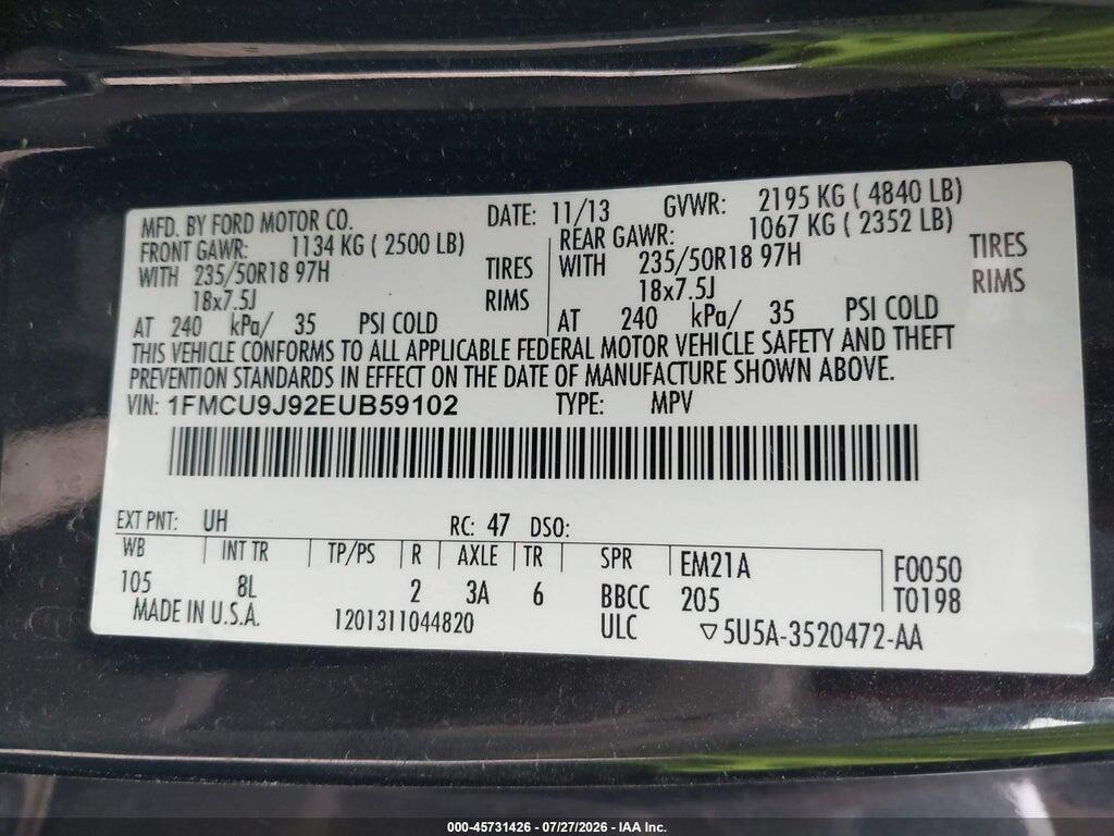 1FMCU9J92EUB59102 2014 FORD ESCAPE photo no. 9