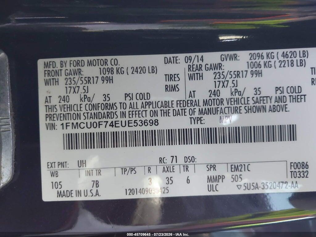 1FMCU0F74EUE53698 2014 FORD ESCAPE photo no. 9