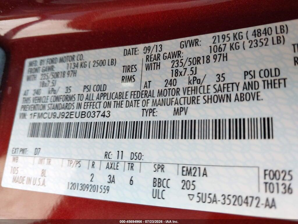 1FMCU9J92EUB03743 2014 FORD ESCAPE photo no. 9