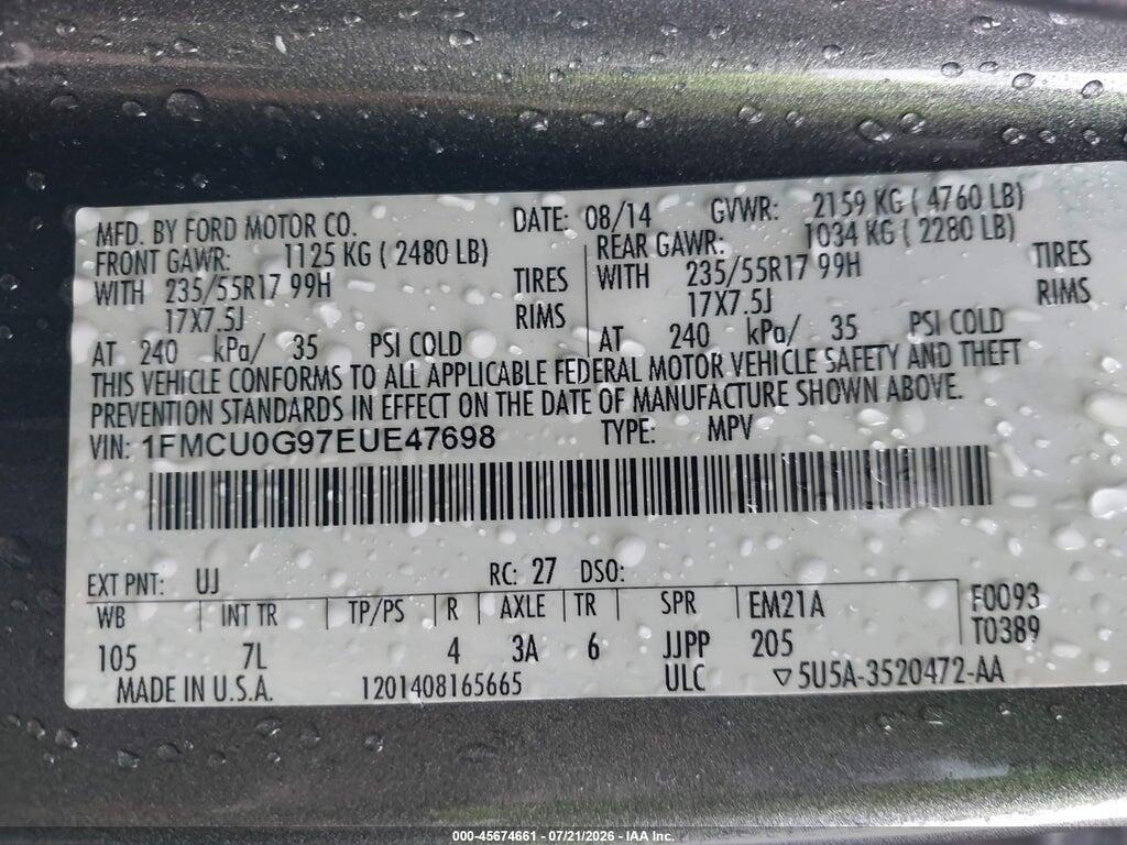 1FMCU0G97EUE47698 2014 FORD ESCAPE photo no. 9