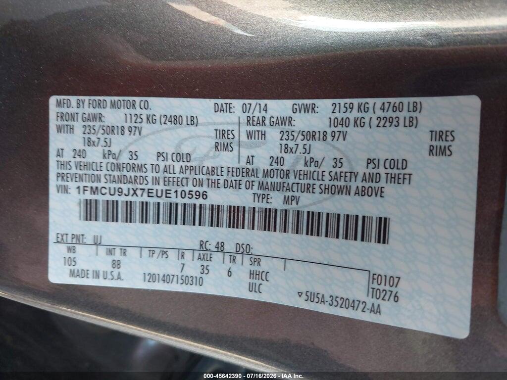1FMCU9JX7EUE10596 2014 FORD ESCAPE photo no. 9