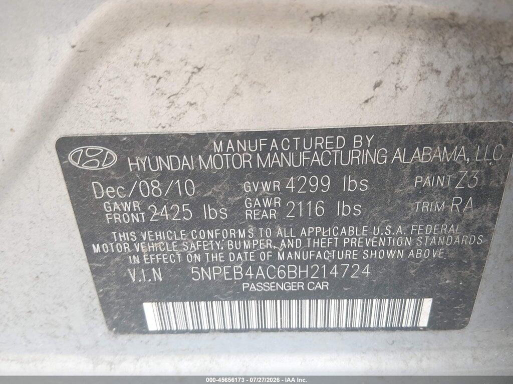 5NPEB4AC6BH214724 2011 HYUNDAI SONATA photo no. 9