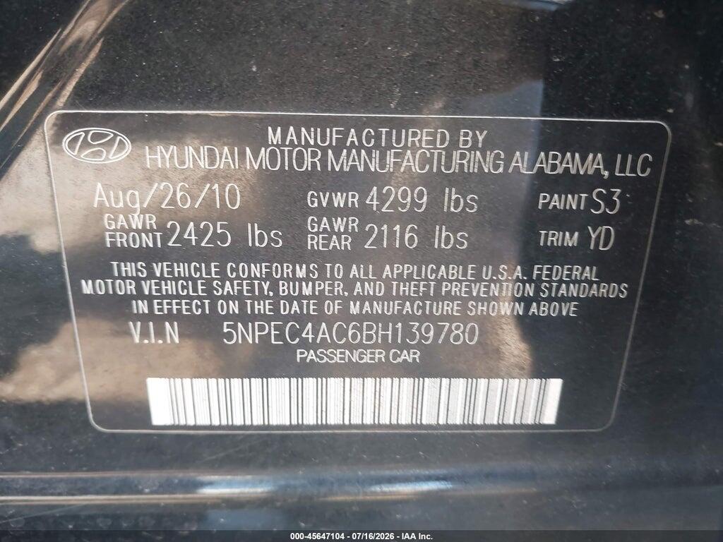 5NPEC4AC6BH139780 2011 HYUNDAI SONATA photo no. 9