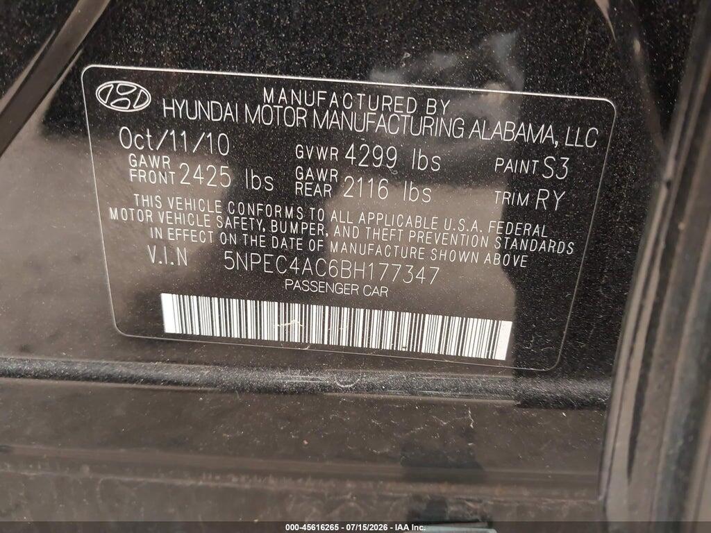 5NPEC4AC6BH177347 2011 HYUNDAI SONATA photo no. 9