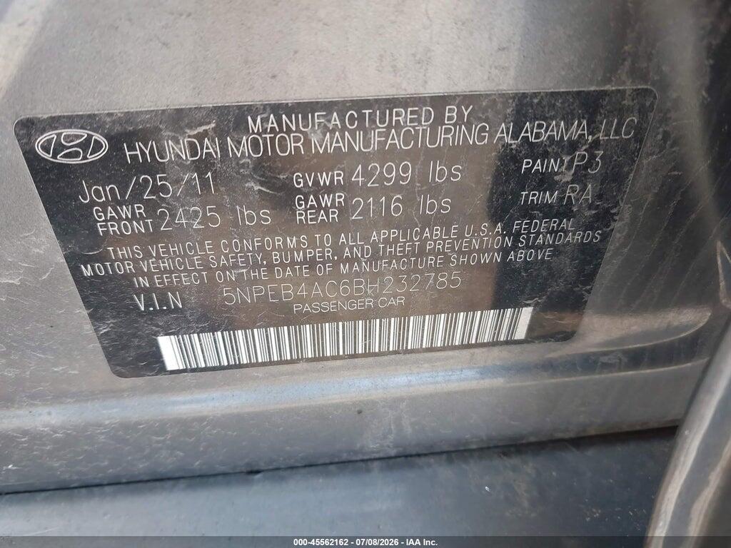 5NPEB4AC6BH232785 2011 HYUNDAI SONATA photo no. 9