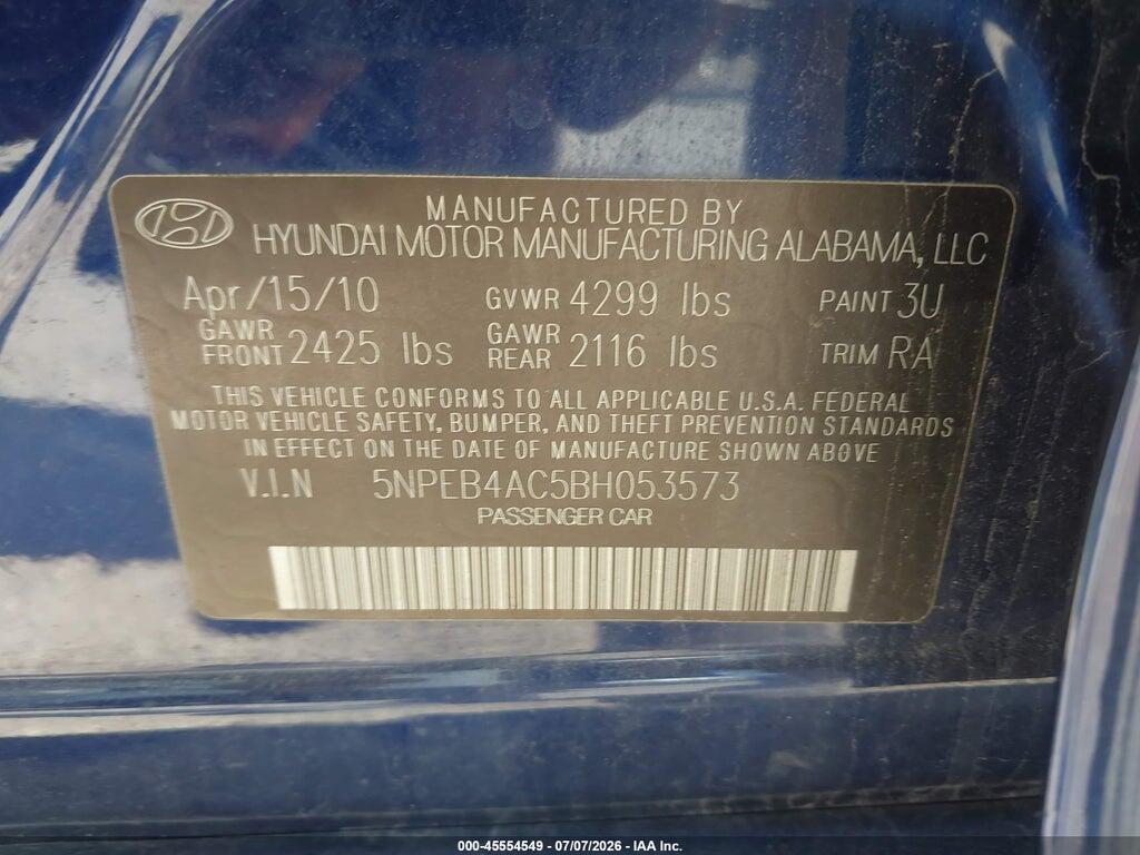 5NPEB4AC5BH053573 2011 HYUNDAI SONATA photo no. 9