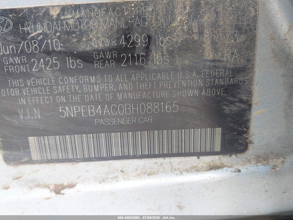 5NPEB4AC0BH088165 2011 HYUNDAI SONATA photo no. 9