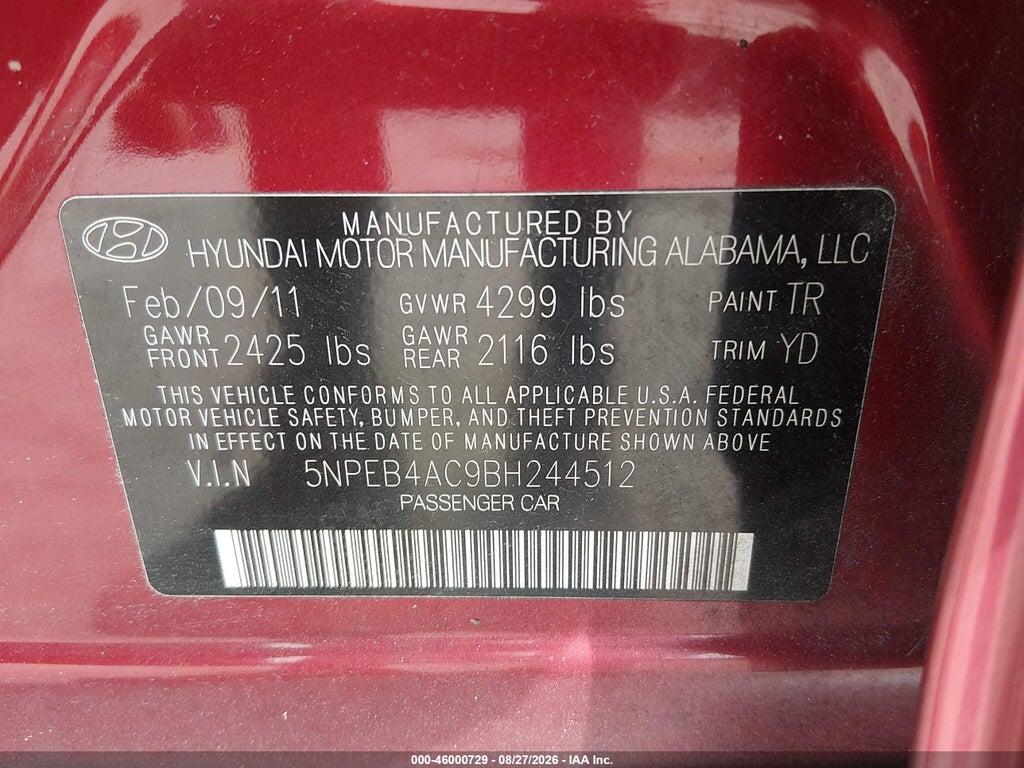 5NPEB4AC9BH244512 2011 HYUNDAI SONATA photo no. 9