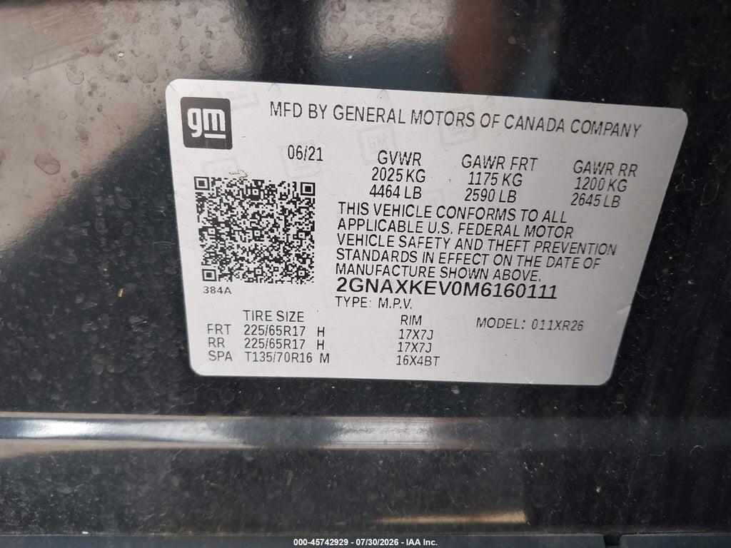 2GNAXKEV0M6160111 2021 CHEVROLET EQUINOX photo no. 9