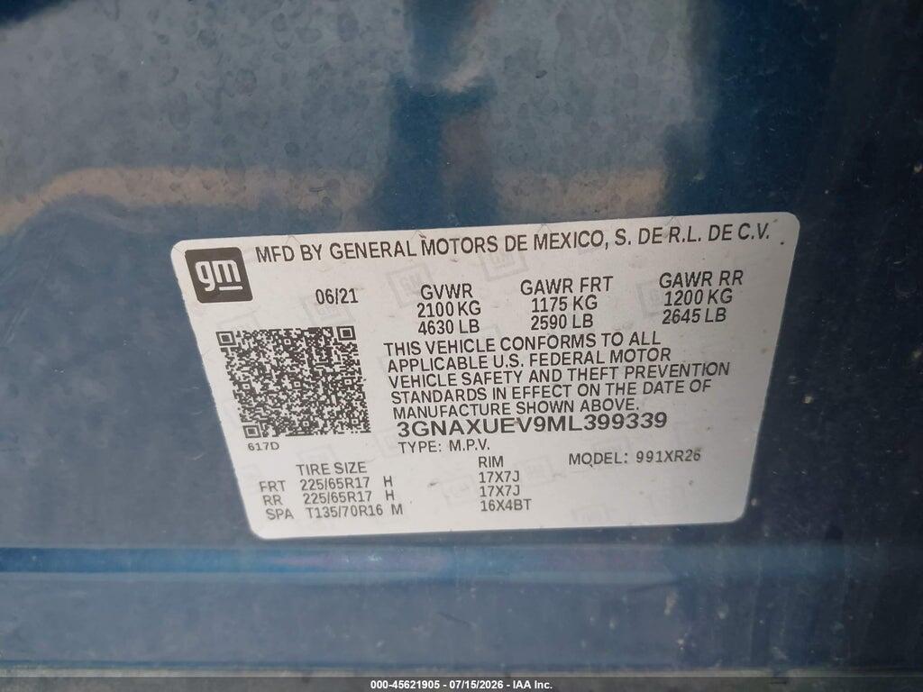 3GNAXUEV9ML399339 2021 CHEVROLET EQUINOX photo no. 9