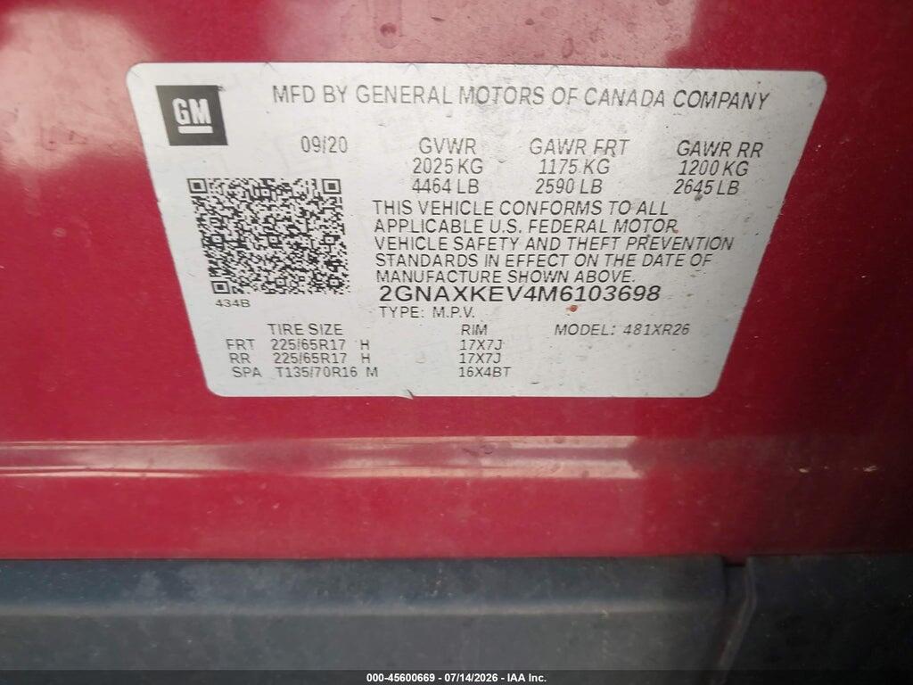 2GNAXKEV4M6103698 2021 CHEVROLET EQUINOX photo no. 9