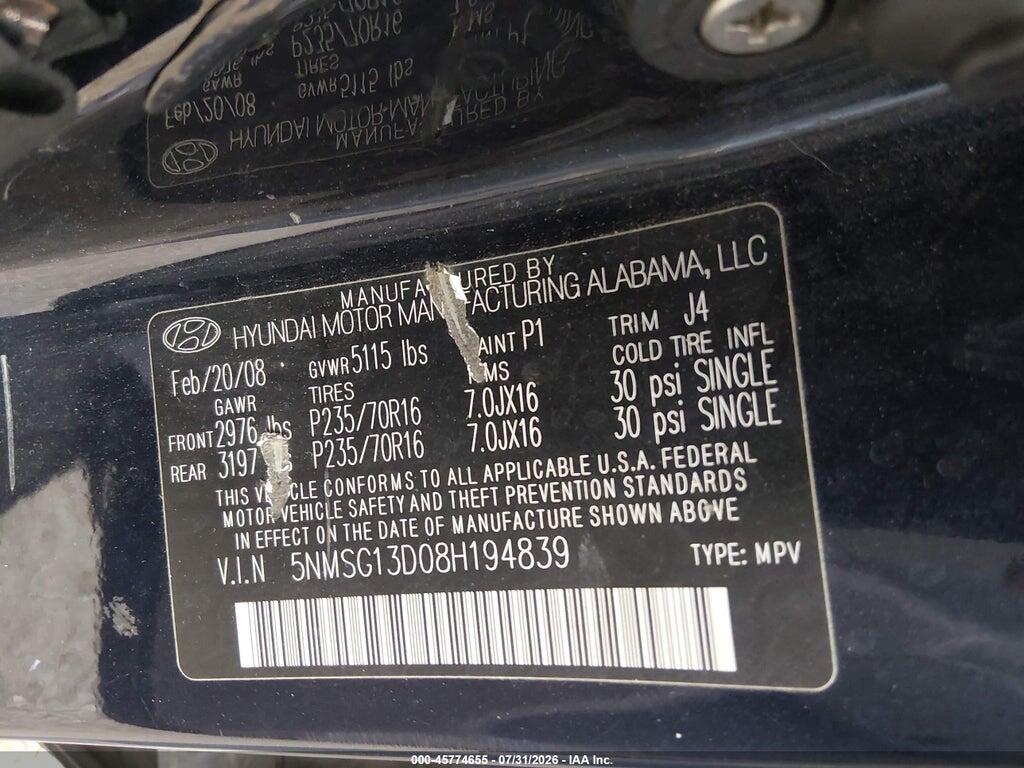 5NMSG13D08H194839 2008 HYUNDAI SANTA FE photo no. 9