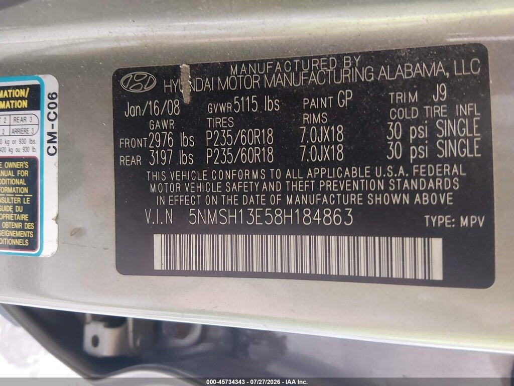 5NMSH13E58H184863 2008 HYUNDAI SANTA FE photo no. 9