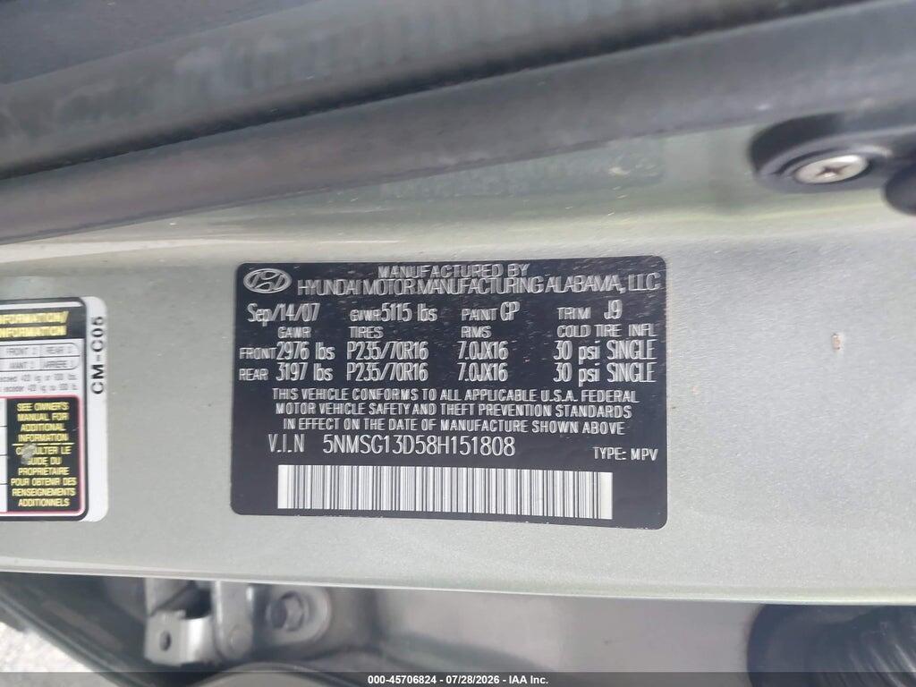 5NMSG13D58H151808 2008 HYUNDAI SANTA FE photo no. 9