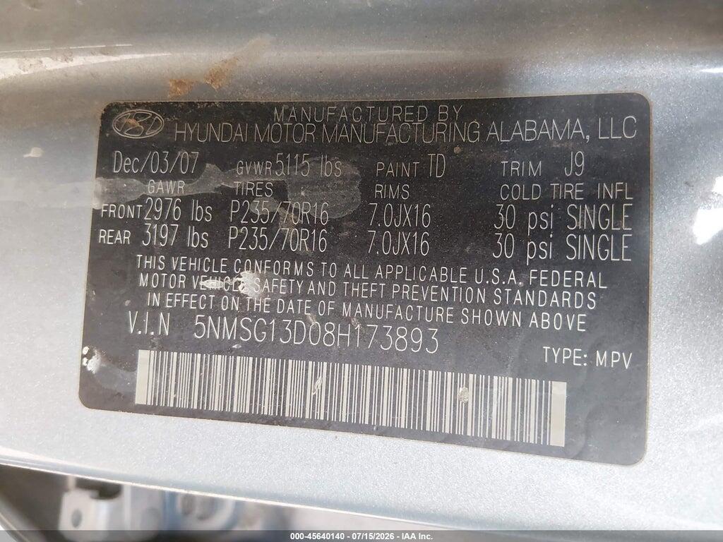 5NMSG13D08H173893 2008 HYUNDAI SANTA FE photo no. 9