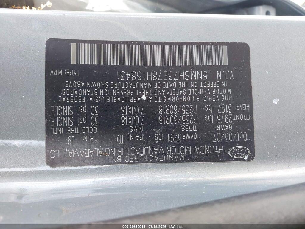 5NMSH73E78H158431 2008 HYUNDAI SANTA FE photo no. 9
