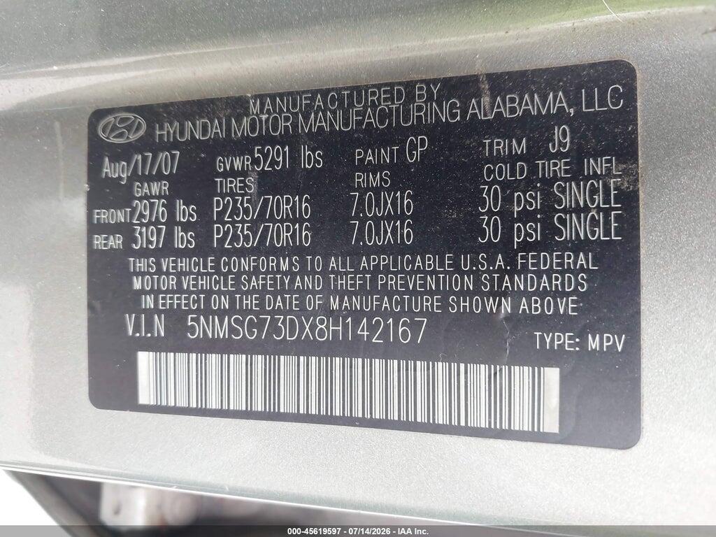 5NMSG73DX8H142167 2008 HYUNDAI SANTA FE photo no. 9